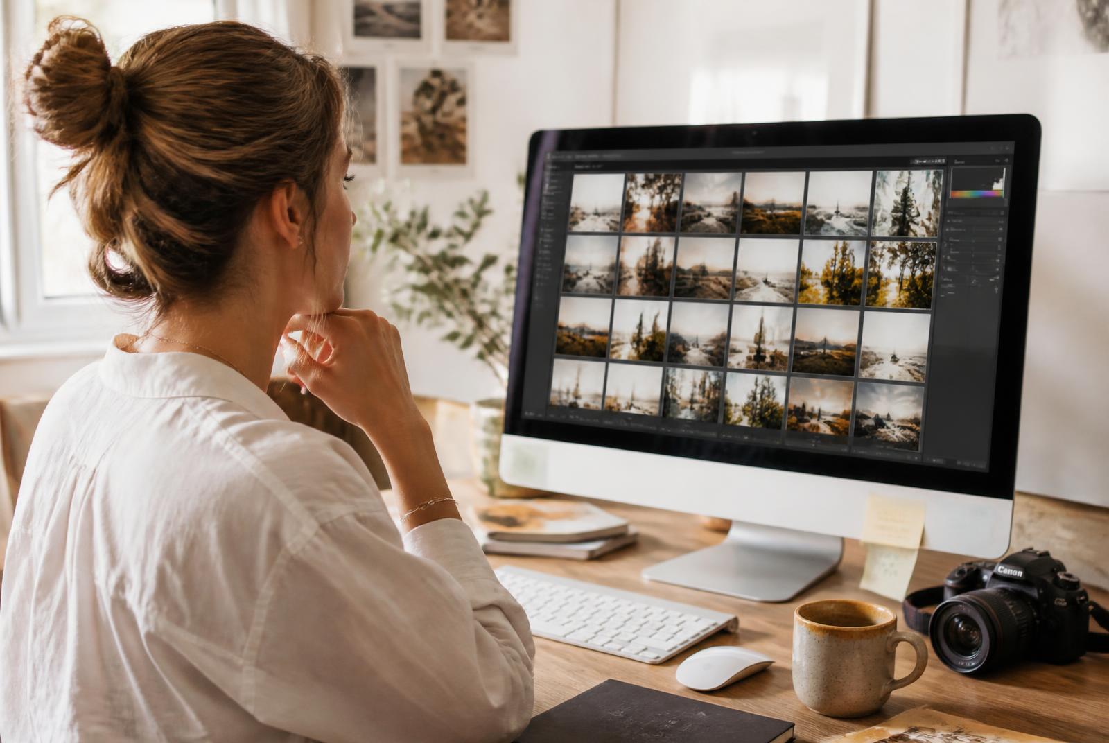 Fotografka prohlíží mřížku svých fotografií na velkém monitoru u okna