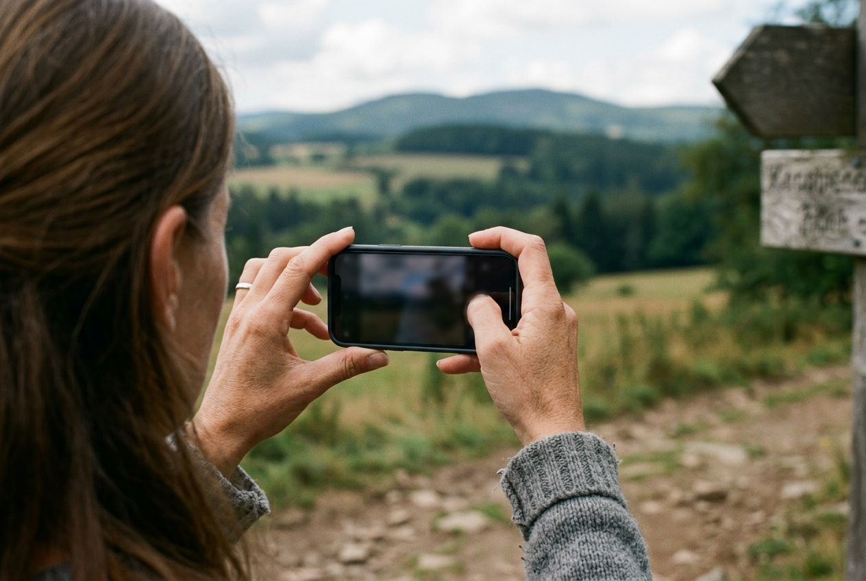 Focení horské krajiny na mobilní telefon, detail rukou držících smartphone