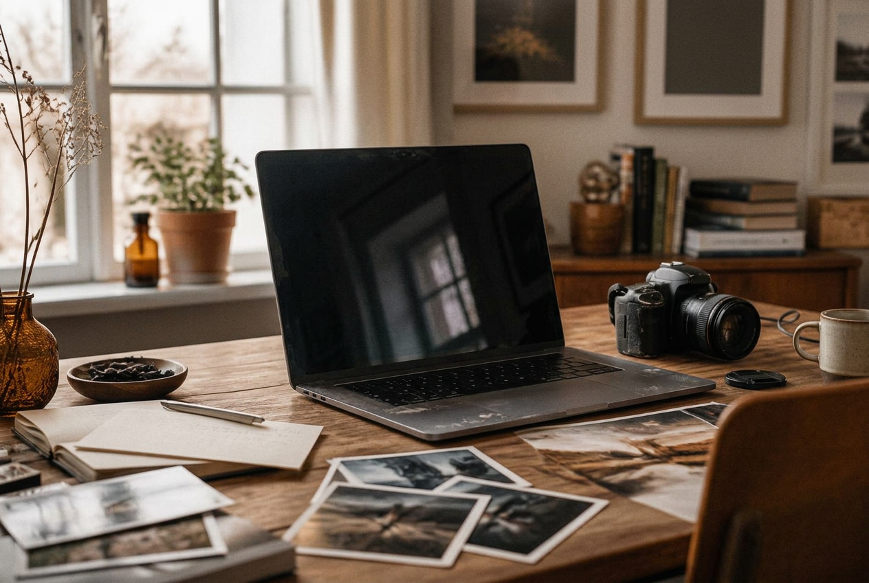 Notebook s rozpracovaným výběrem fotografií, fotoaparát a vytištěné snímky na dřevěném stole