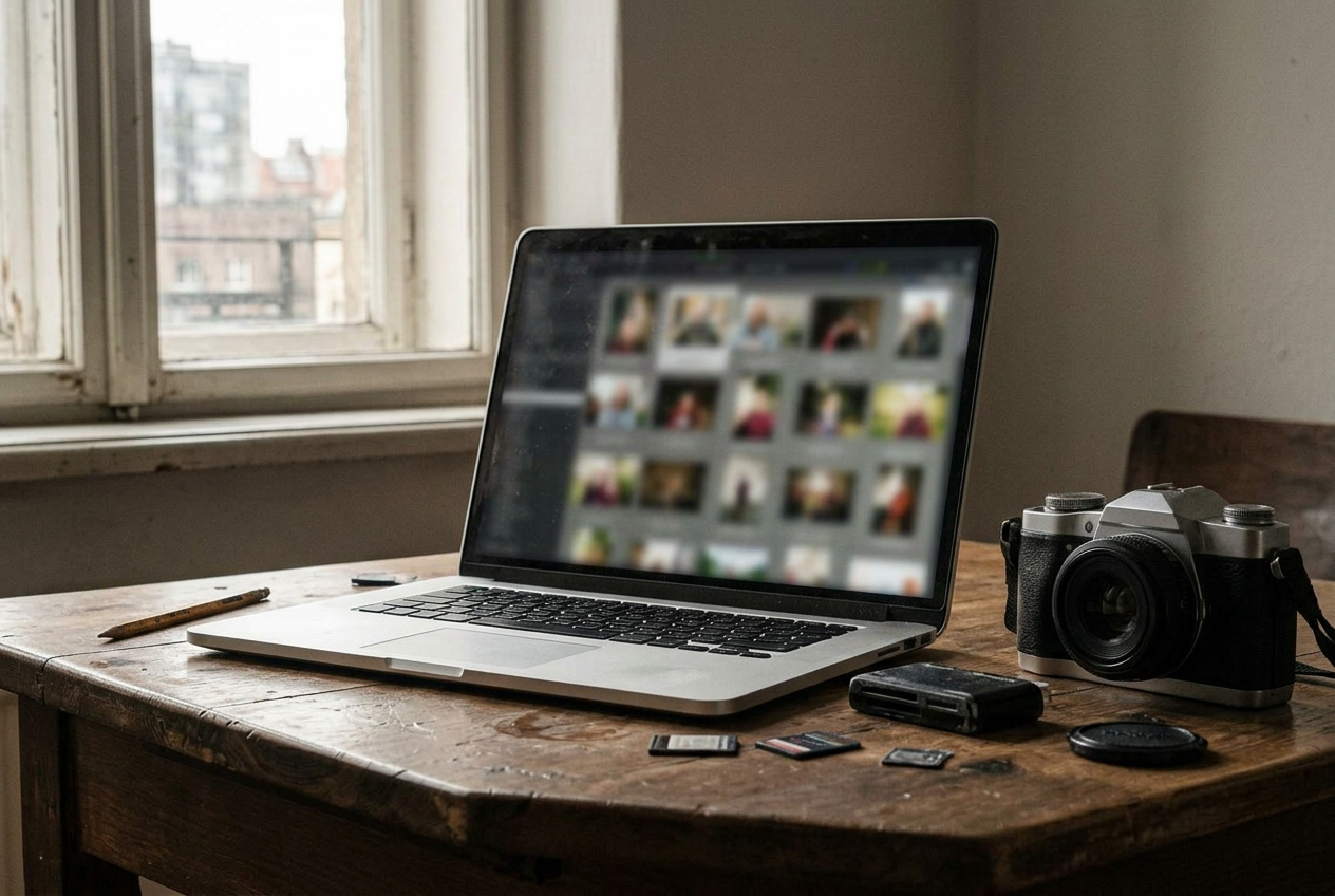 Notebook s otevřeným přehledem nahraných fotografií a fotoaparát na dřevěném stole